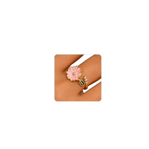 Adjustable Rings for Women 18K Gold Plated daisy Flower Butterfly Ball Cubic Zirconia Rings Dainty Open Stacking Ring - color: Pink Flower-Gold