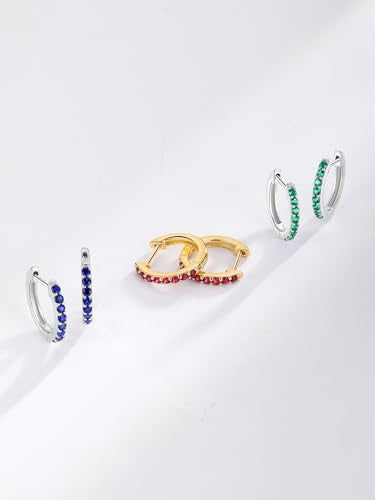 Chunky Emerald Sapphire Ruby Hoop Earrings, Princess or Round Cut, 14k Yellow Gold Plated Sterling Silver Cubic Zirconia Huggie Earings Minimalist Hoops Earrings for Women Wedding Daily Birthday - style: Round cut -5a CZ -Gold