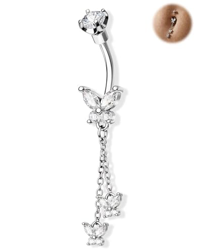 Cute Belly Button Rings Dangle 14G Butterfly Belly Button Piercing for Women Gold Navel Ring 316L Surgical Steel Navel Piercing Jewelry - color: Silver