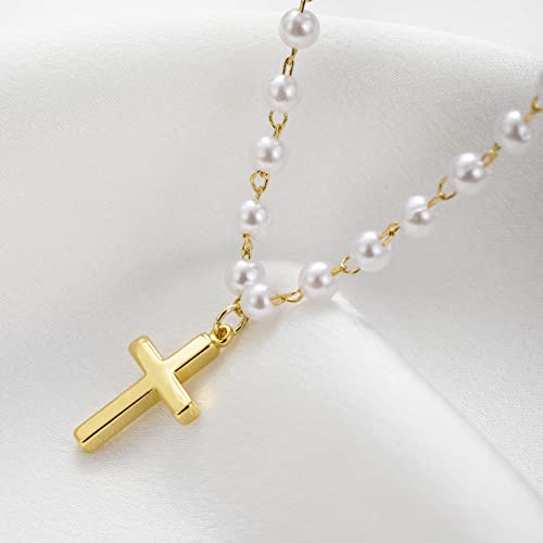 itianxi Dainty Cross Charm Pendant Necklaces,14K Gold Tiny Three Ball Necklace,Simple Fashion Jewelry for Women - color: pearl cross