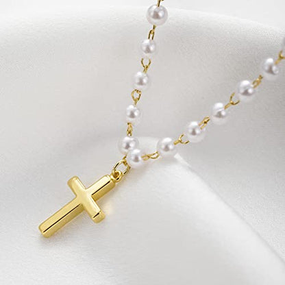 itianxi Dainty Cross Charm Pendant Necklaces,14K Gold Tiny Three Ball Necklace,Simple Fashion Jewelry for Women - color: pearl cross