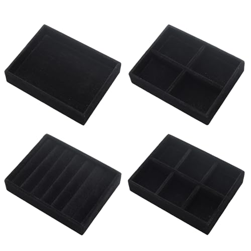 Small Jewelry Tray Set 4 Pcs Black Velvet Stackable Jewelry Organizer Tray Mini Jewelry Drawer Organizer for Necklace Ring Earrings Jewelry (4 Styles) - color: Black