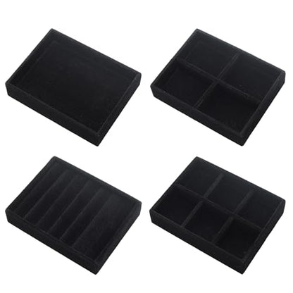Small Jewelry Tray Set 4 Pcs Black Velvet Stackable Jewelry Organizer Tray Mini Jewelry Drawer Organizer for Necklace Ring Earrings Jewelry (4 Styles) - color: Black