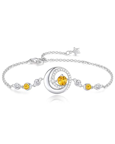 FANCIME Birthstone Bracelets 925 Sterling Silver Moon and Star Bangle Charm Bracelet Fine Jewelry Anniversary Birthday Mothers Day Gifts for Mom Her Women, Adjustable Chain 6.7"+1.2" Extend - color: link-11-citrine
