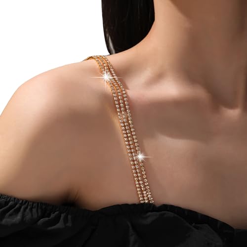 2Pcs Rhinestone Shoulder Strap Chain Bridal Wedding Rhinestone Lingerie Strap Shoulder Chain Sexy Crystal Underwear Chain for Women Dress - style: Gold
