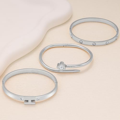 3Pcs Gold Bracelets for Women 14K Gold Plated Love/H/Nail Bangle Bracelet Dainty Non Tarnish Bracelet Jewelry Christmas Mothers Day Gifts for Women - color: 3Pcs Silver/Grey H bracelet