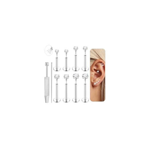 4Pairs 16G 18G G23 Titanium Flat Back Stud Earrings for Women Extended Internal Thread Cartilage Earrings Hypoallergenic Conch Helix Tragus Stud Lip Labret Medusa Nose Piercing Jewelry - color: Silver, size: 16G(1.2mm)