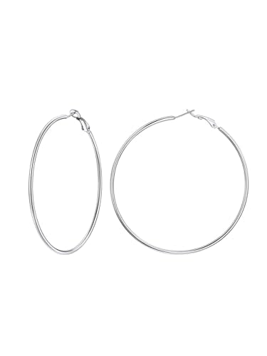 FaithHeart 2mm Thin Hoop Earrings for Women Hypoallergenic, Silver/Black/14K Gold Plated Stainless Steel Large Hoop Earrings for Women Lightweight Earring Trendy Jewelry, 20mm-100mm - color: Silver, size: 70mm/2.75"
