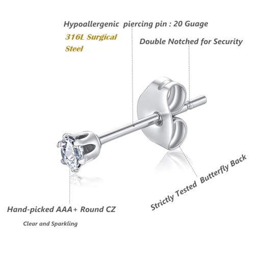 FOSIR 10 Pairs Tiny Womens Surgical Stainless Steel Clear Cubic Zirconia Stud Earrings, Hypoallergenic 316L Earrings Set - style: 2mm-10 pairs