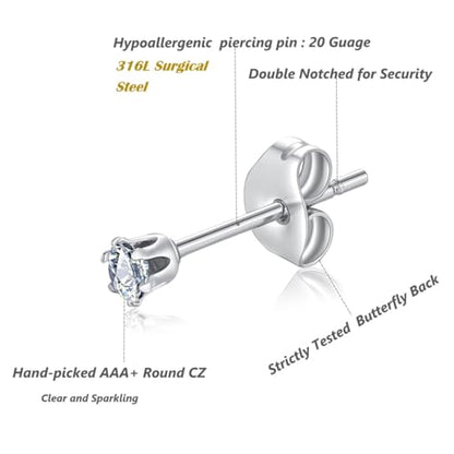 FOSIR 10 Pairs Tiny Womens Surgical Stainless Steel Clear Cubic Zirconia Stud Earrings, Hypoallergenic 316L Earrings Set - style: 2mm-10 pairs