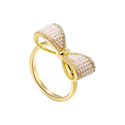 Pearl CZ Bow Statement Open Finger Ring for Women - Gold Plated Dainty Crystal Bowknot Adjustable Rings Wedding Engagement Promise Bands Elegant Jewelry Birthday