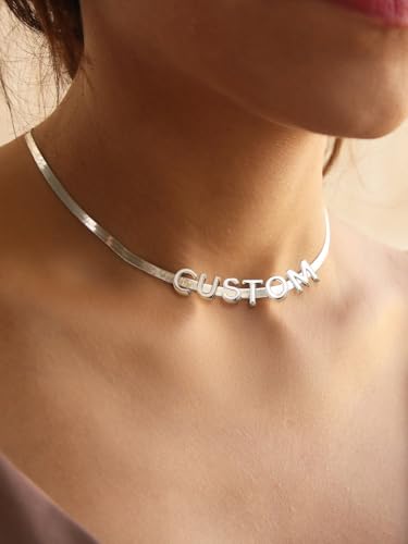 ChainsHouse Flat Snake Chain Herringbone Choker Necklace for Women, Stainless Steel/Rose Gold/18K Gold Plated Dainty Adjustable Simple Short Layered Necklaces, 12"/15"/18" with 3.5" Extender - color: c. stainless-5mm-custom