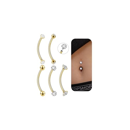14G Small Belly Button Rings for Women 316L Stainless Steel | Tiny Internally Threaded Navel Rings, Rook Piercing Jewelry, Eyebrow Rings, Hypoallergenic Curved Barbells, 6-16MM, 5PCS - color: 14G/16MM Bar/Gold