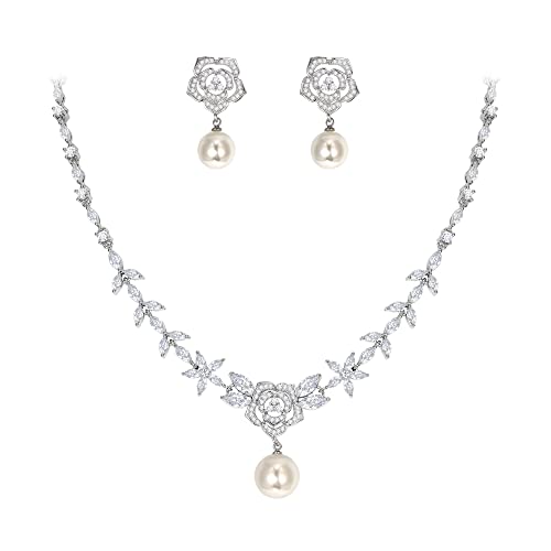 EleQueen Women's Simulated Pearl Wedding Jewelry Set for Brides | Cubic Zirconia Necklace Earrings Bracelet Set for Brides Bridesmaids, Bridal Jewelry Set for Anniversary/Memorial Day - style: Rose Flower Pearl Jewelry Set