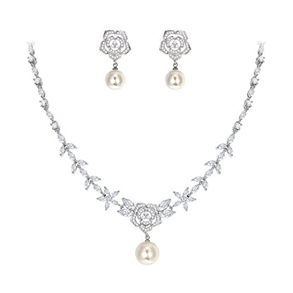 EleQueen Women's Simulated Pearl Wedding Jewelry Set for Brides | Cubic Zirconia Necklace Earrings Bracelet Set for Brides Bridesmaids, Bridal Jewelry Set for Anniversary/Memorial Day - style: Rose Flower Pearl Jewelry Set