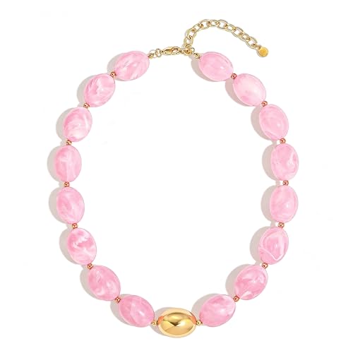 Chunky Beads Necklace for Women Trendy Gold Puffy Heart Choker Necklace Colorful Resin Beaded Heart Pendant Necklaces Statement Jewelry - color: Oval Beads-Pink