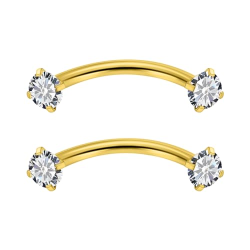 16G Eyebrow Piercing Jewelry Surgical Steel Cubic Zirconia Internally Threaded Vertical Labret Lip Jewelry Curved Barbell Tiny Eyebrow Rings Ear Rook Small Belly Button Ring for Women Men - color: goldtone,bar length:8mm