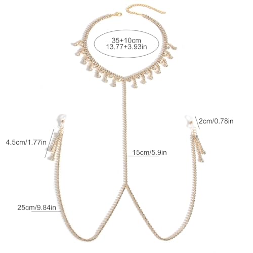 Rhinestone Tassel Choker Necklace Sexy Non Piercing Nipple Jewelry Summer Beach Chest Body Chain Crystal Nipple Body Accessories Jewelry for Women - color: Gold