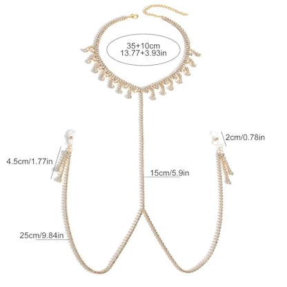 Rhinestone Tassel Choker Necklace Sexy Non Piercing Nipple Jewelry Summer Beach Chest Body Chain Crystal Nipple Body Accessories Jewelry for Women - color: Gold