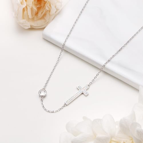 Yearace Choker Necklaces for Women S925 Sterling Silver Sideways Cross/Butterfly/Handcuffs/Infinity Interlocking/Chakra Choker Necklace Dainty Sideways Cross Necklace Jewelry Gift - style: Opal Cross 14+4"