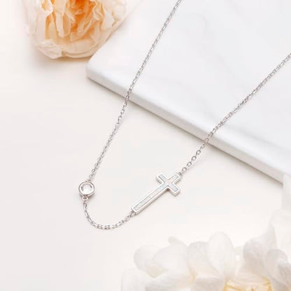 Yearace Choker Necklaces for Women S925 Sterling Silver Sideways Cross/Butterfly/Handcuffs/Infinity Interlocking/Chakra Choker Necklace Dainty Sideways Cross Necklace Jewelry Gift - style: Opal Cross 14+4"