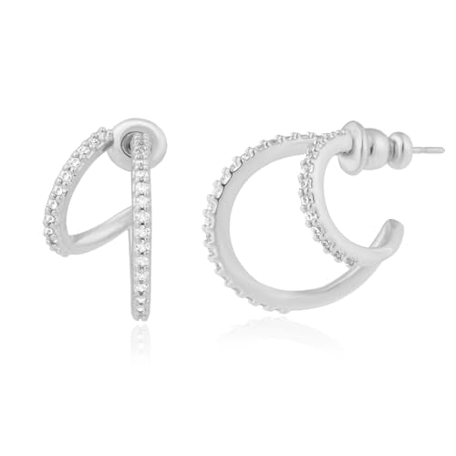 Obidos 14K Gold Plated Illusion Stud Earrings for Women | Triple Huggie Hoop Earrings for One Hole| Trendy Simple Hypoallergenic Fashion Accessories Gold Jewelry Gifts for Womens - color: Illusion Earrings-White Gold