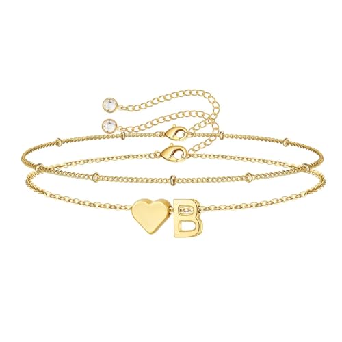 M MOOHAM Initial Bracelets for Women Teen Girls - Heart Letter A-Z Bracelet | Dainty 14K Gold Plated Jewelry, Heart Initial Bracelet, Bracelets for Women Girls Trendy, Birthday Gifts for Women Girls Her - color: Gold - B