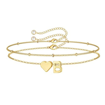M MOOHAM Initial Bracelets for Women Teen Girls - Heart Letter A-Z Bracelet | Dainty 14K Gold Plated Jewelry, Heart Initial Bracelet, Bracelets for Women Girls Trendy, Birthday Gifts for Women Girls Her - color: Gold - B