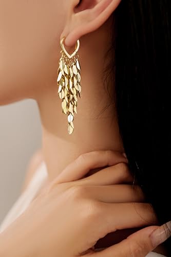 Sylph 14K 18K Gold Plated Chandelier Earrings for Women, Long Tassel Earring Huggie, Silver Leaf Dangle Drop Earrings, Dainty Bohemian Jewelry Gifts for Wedding Everyday Wear - color: A-14K Gold Plated Chandelier Earrings