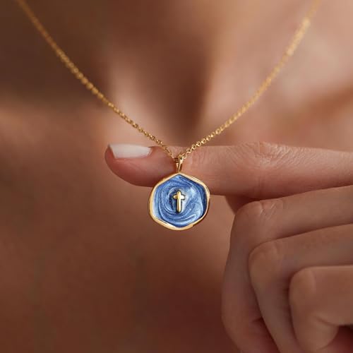 Tewiky Cross Necklace for Women 14k Gold Plated Cross Pendant Necklaces | Cute Necklaces for Women,Jewelry ,Graduation Gift for Her - color: Deep navy blue