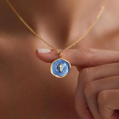 Tewiky Cross Necklace for Women 14k Gold Plated Cross Pendant Necklaces | Cute Necklaces for Women,Jewelry ,Graduation Gift for Her - color: Deep navy blue