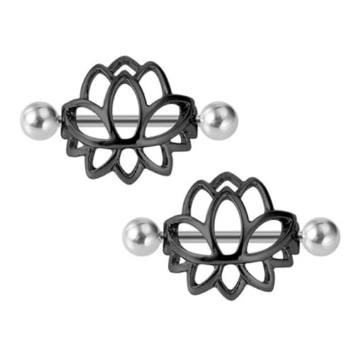 14G Stainless Steel Lotus Nipple Rings for Women Silver Black Colorful Flower Floral Nipple Shield Ring Straight Bar Nipplerings Nipple Barbell Body Piercing Jewelry - color: Black