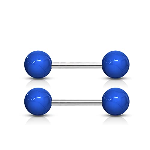 Forbidden Body Jewelry 14 g 16 mm Stainless Steel Nipple or Tongue Ring Barbell Set with Acrylic Balls (Choose Color) - style: Blue