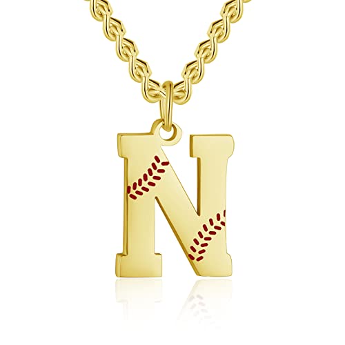 AIAINAGI Baseball Initial A-Z Letter Necklace - Men's Baseball Charm Pendant in Stainless Steel Silver Chain, 22inch Personalized Gift - style: N Letter