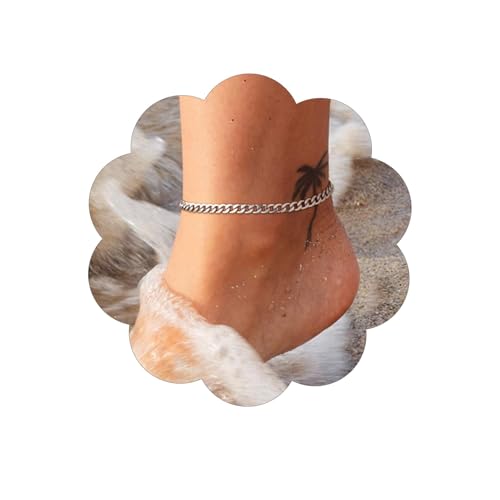 FindChic Stainless Steel Ankle Bracelets for Women, Waterproof Figaro/Cuban/Box/Beaded Chain Anklets, Summer Beach Foot Jewelry, 8.5''-10.5'' Adjustable Length, with Gift Box - style: Cuban Chain-Silver