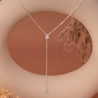 Gold Necklace for Women - Dainty Long Lariat Necklace 14K Gold Plated Clover Star Teardrop CZ Y Shaped Drop Necklaces Cute Long Necklaces for Women Trendy Prom Formal Womens Jewelry - color: Silver-LX Drop
