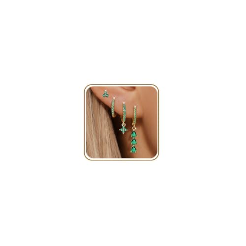 QUINBY Dangle Earrings For Women, Dainty 14K Gold Plated Earrings Stack, 4Pairs Hypoallergenic Earring Sets For Multiple Piercing - Hypoallergenic CZ Dangle Drop Earrings - color: Gold-Green Dangle