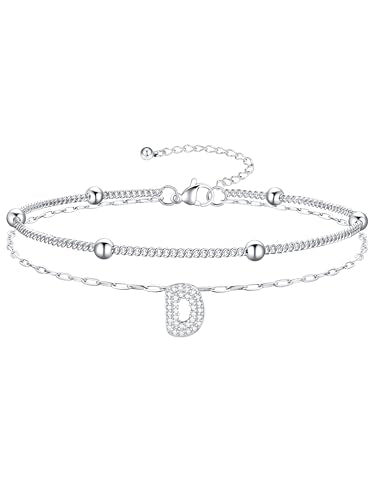 Richsteel Initial Ankle Bracelets for Women Waterproof, 14K Gold Plated/Silver Stainless Steel Anklets, Dainty Adjustable Layered Anklets with Bubble Letter, Non Tarnish Summer Beach Jewelry with Gift Box - color: E-Silver