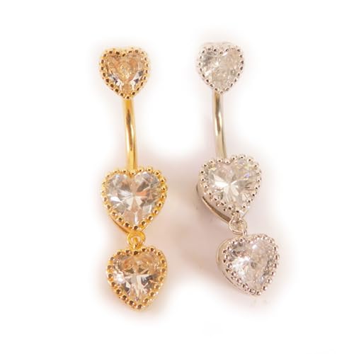 3Pcs 14G Stainless Steel Dangle Belly Button Rings Cubic Zirconia Heart Star Round Belly Navel Barbell Rings Belly Piercing Jewelry for Women - style: Gold Heart