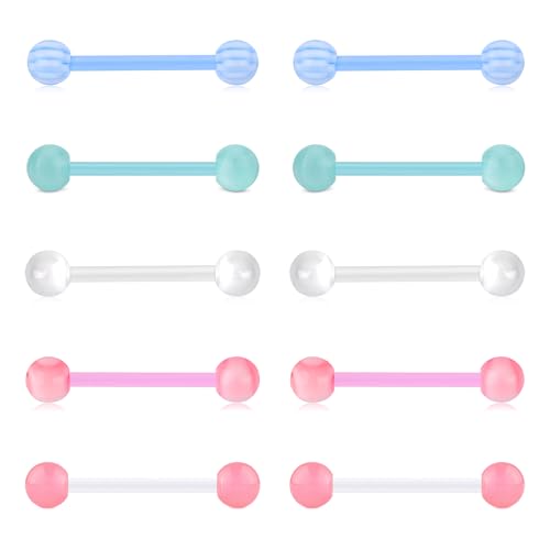 Zolure 10Pcs 14G Tongue Rings Acrylic Candy Color Tongue Piercing Jewelry Flexible Plastic Nipple Rings Tongue Barbells for Women 16mm - color: Mix 10pcs