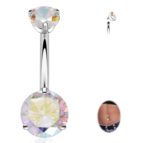 FUNLMO 14G Belly Button Ring Titanium Belly Button Piercing Belly Ring Internally Threaded Navel Piercing Jewelry - color: Silver-Aurora Borealis CZ
