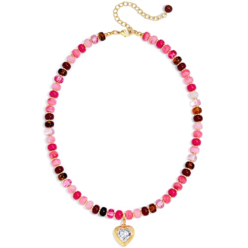 Boho Beaded Choker Necklaces for Women with A Gold Heart CZ - color: Pink