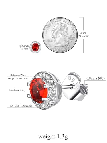 FindChic Birthstone Earrings for Women, Round/Heart/Square/Teardrop Earrings with 925 Sterling Silver Posts & Push Backs, Hypoallergenic Studs with Cubic Zirconia, 12 Months Jewelry with Gift Box - style: 07. July-Ruby (Round)