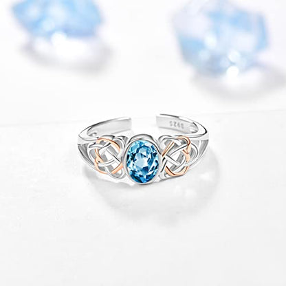 PRAYMOS 925 Sterling Silver Ring Birthstone Ring Turquoise Moss White Opal Ring for Women Celtic Knot Open Adjustable Thrumb Ring - color: Blue Topaz