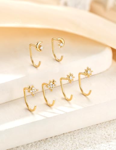 Freekiss 3 Pairs Backless Half Hoop Earrings Set for Women | 14K Gold Plated CZ Stay Close Hoop Earrings, Hypoallergenic Huggie Stackable Earring for Everyday & Sleep Wear Jewelry Gift - color: Celestial Moon Star-GD