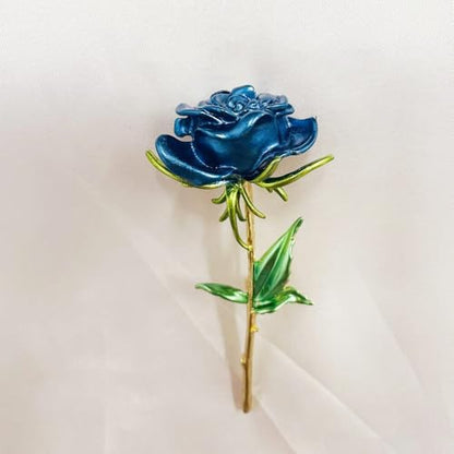 Enamel Rose Flower Brooch Pin for Women Girls Men Alloy Fashion Gold Green Leaf Blossom Brooches Lapel Pins Dainty Dress Accessories Jewelry Boutonniere Corsage for Hat Bag Suit Tie Wedding Birthday Anniversary Father(Blue)