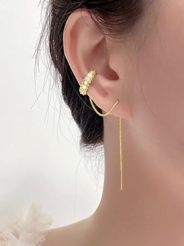 Long Chain Cuff Earrings Gold Silver Wrap Tassel Earrings Minimalist Cz Round Stud With Chain Cuff Double Piercing Jewelry Statement Fake Earrings for Women - color: style2-gold-1pcs