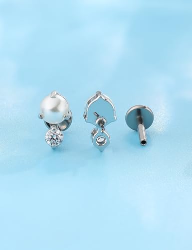 limerencia G23 Hypoallergenic 18g Flat Back Stud Earrings | F136 Implant Grade Titanium Pressfit Threadless Push Pop in Cartilage Helix Labret Lip Monroe Tragus Flat Back Piercing Studs - color: CZ + Pearl