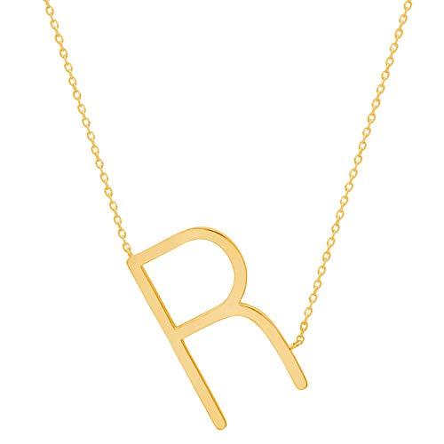 MAX + STONE 14k Gold Plated Sterling Silver Large Sideways Block Initial Letter Pendant Necklace for Woman with 16 Inches to 18 Inches Adjustable Chain and Spring Ring Clasp - style: Letter R