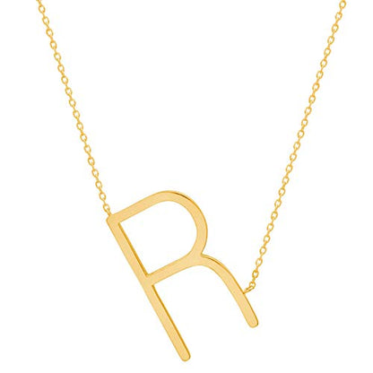 MAX + STONE 14k Gold Plated Sterling Silver Large Sideways Block Initial Letter Pendant Necklace for Woman with 16 Inches to 18 Inches Adjustable Chain and Spring Ring Clasp - style: Letter R